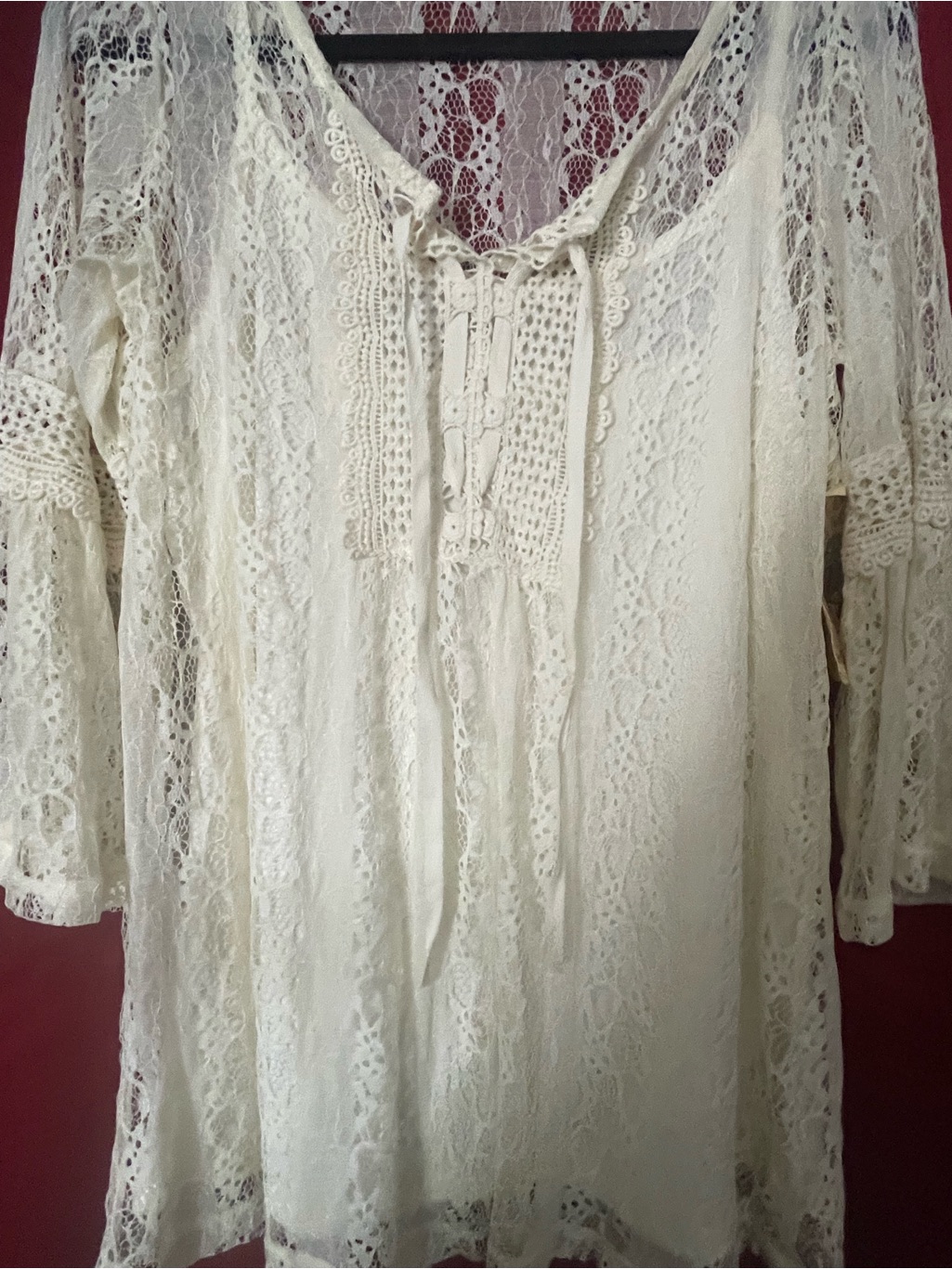 New W/ Tags One World Cream Lace Tie-Neck Bohemian Tunic — image 4 of 8